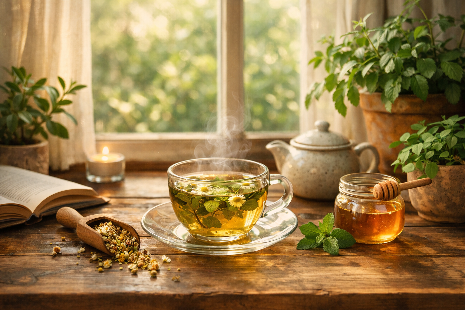 peaceful morning scene with herbal tea cup on wooden table near window with soft natural light and green plants