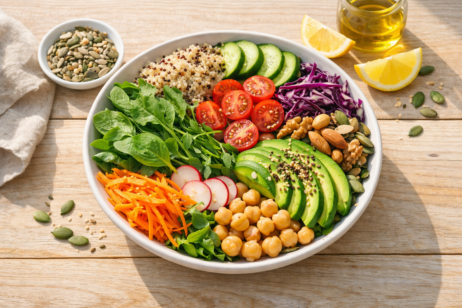 colorful healthy meal bowl with fresh vegetables, leafy greens, avocado, nuts and seeds on light wooden surface with natural daylight